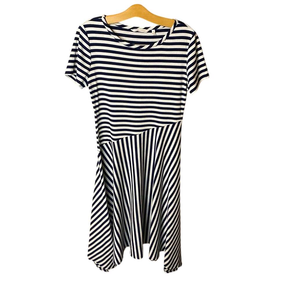 Soft Surroundings navy blue White stripe A-Line Dress size medium asymmetrical